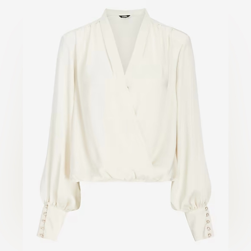 COPY - NWT, Express Ivory Embellished Cuff Draped Front Satin Blouse - XS - NWT
